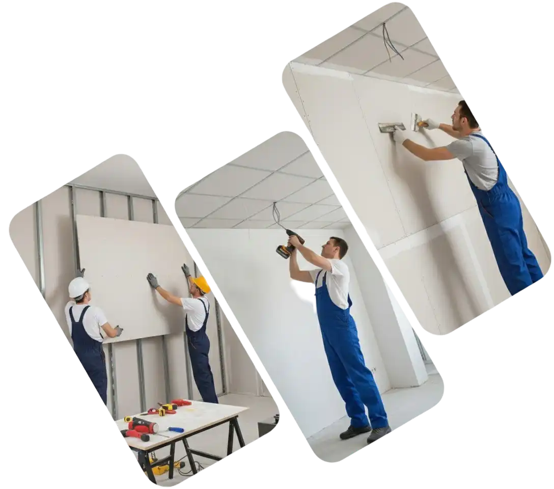 فني يستخدم المثقاب لتثبيت براغي ألواح الجبس بورد في الهيكل المعدني للأسقف المعلقة بدولة الإمارات.