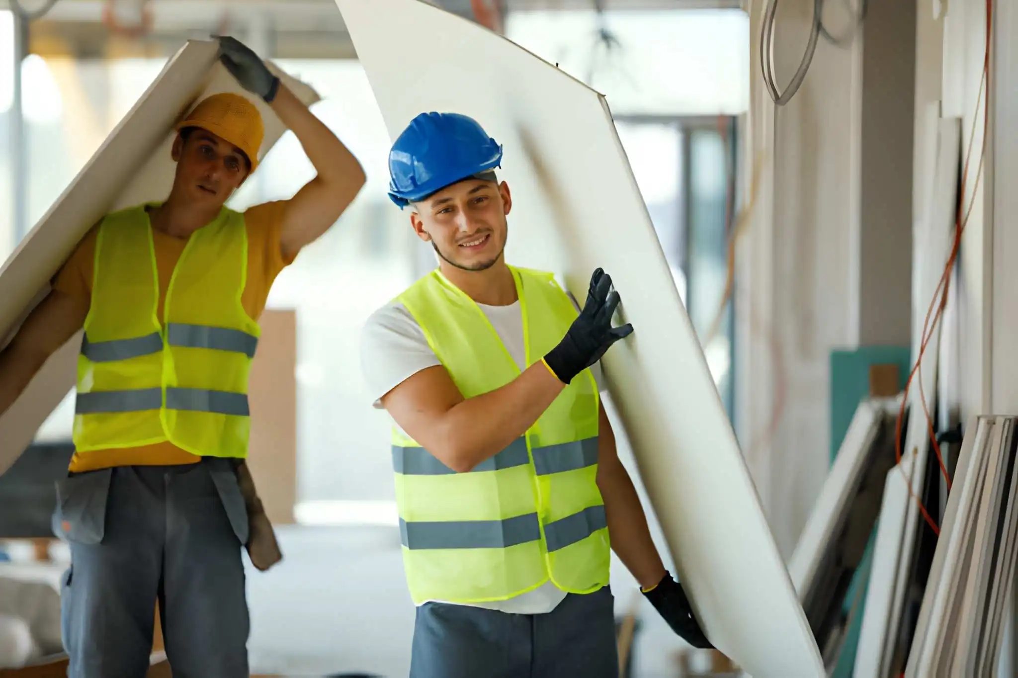 فني محترف يستخدم المثقاب الكهربائي لتثبيت براغي ألواح الجبس بورد في الهياكل المعدنية للسقف بالإمارات.