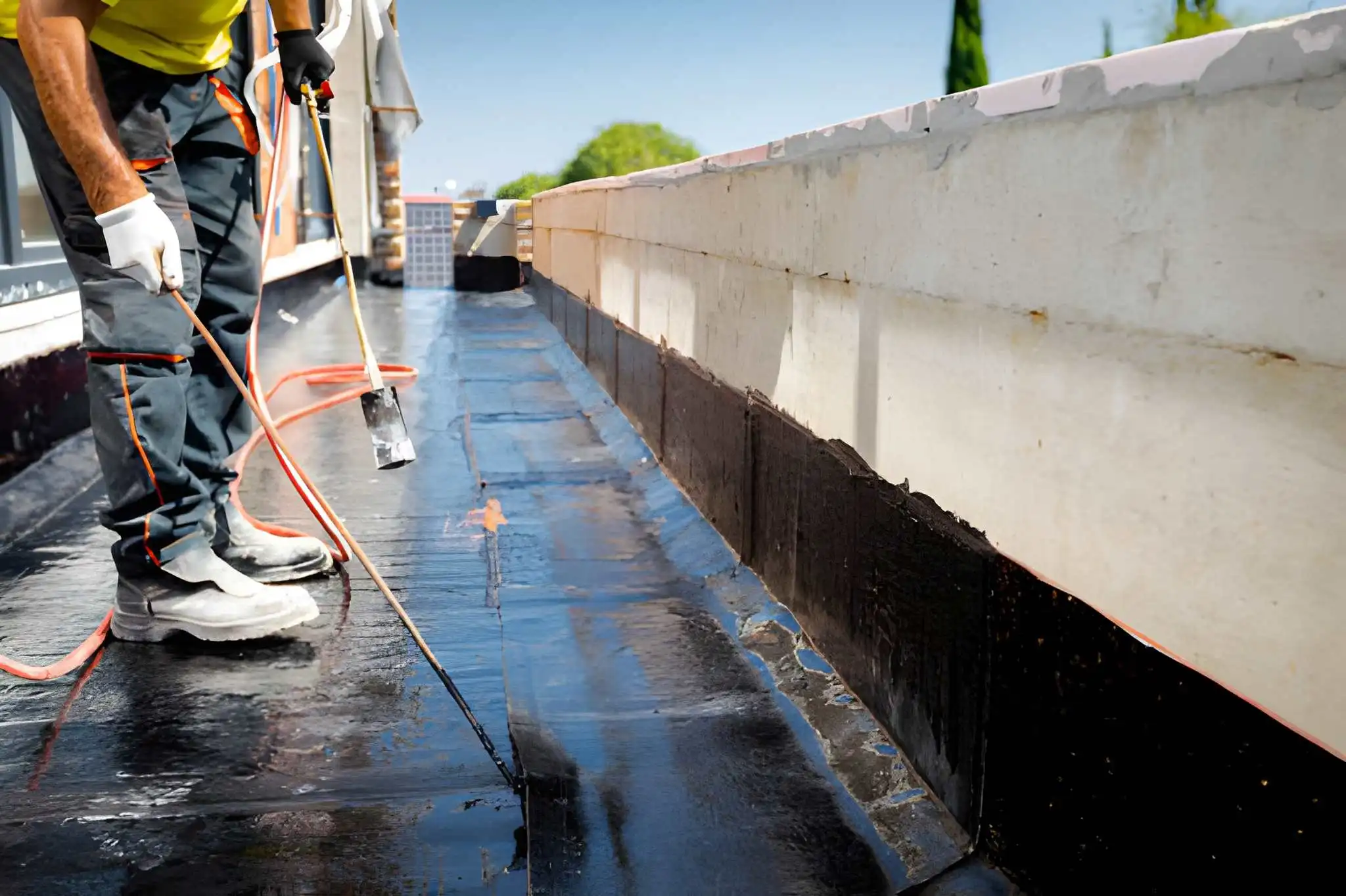 تطبيق عزل مائي بالبيتومين على سطح في دبي